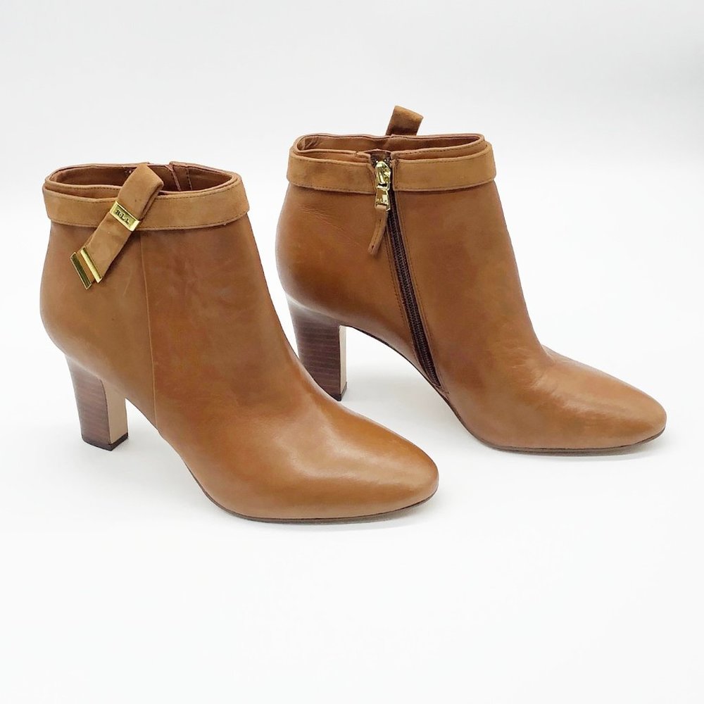 Lauren Ralph Lauren caramel colored leather Brin ankle boots with 3-4" heel - Picture 4 of 15